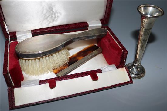 A Childs silver brush and comb and a silver specimen vase